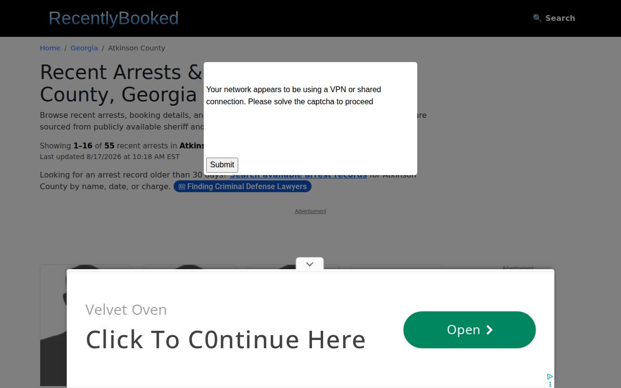 RecentlyBooked unofficial rolling Atkinson County booking page