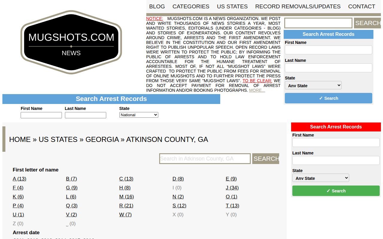 Mugshots.com historical Atkinson County archive with older year filters