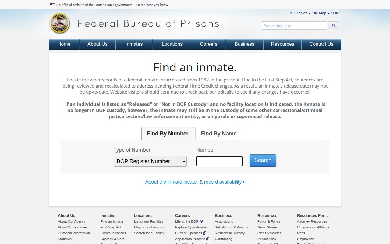 Federal Bureau of Prisons locator form for federal custody records related to Atkinson County
