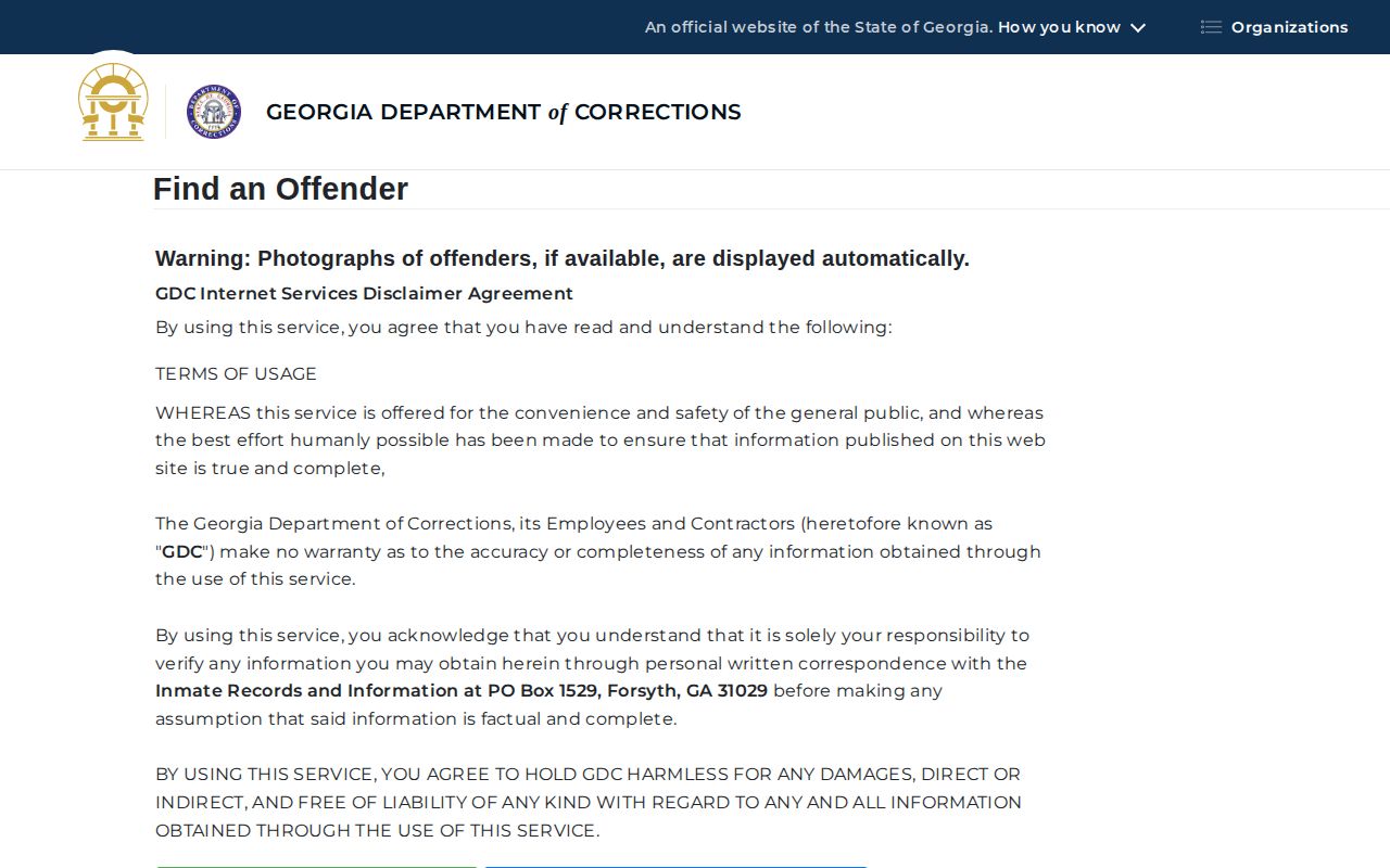 Georgia Department of Corrections offender search form for Atkinson County records