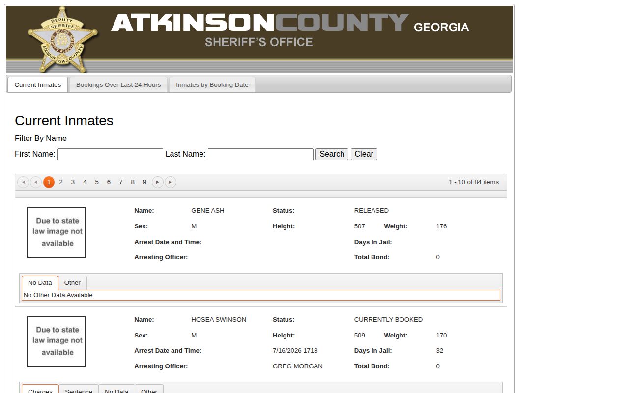Atkinson County Sheriff-linked current custody search interface