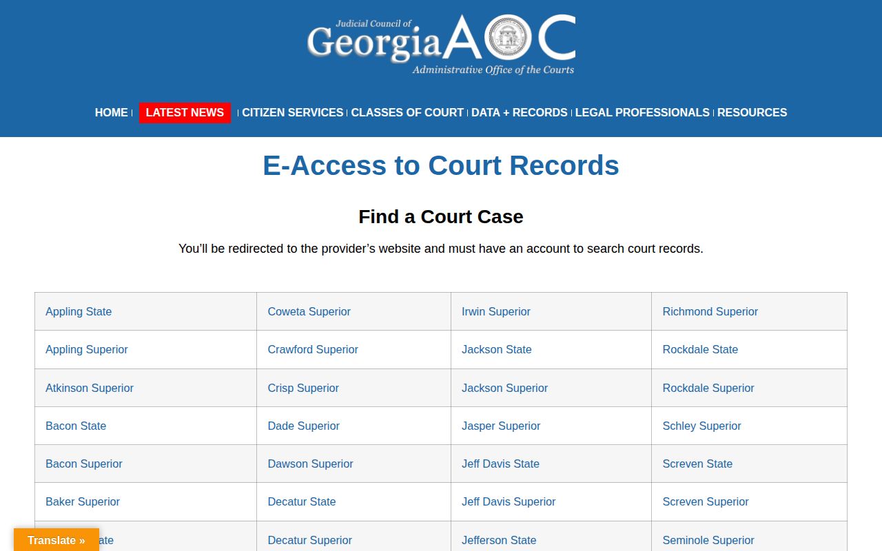 Georgia Courts e-access gateway for Atkinson County warrant and disposition records